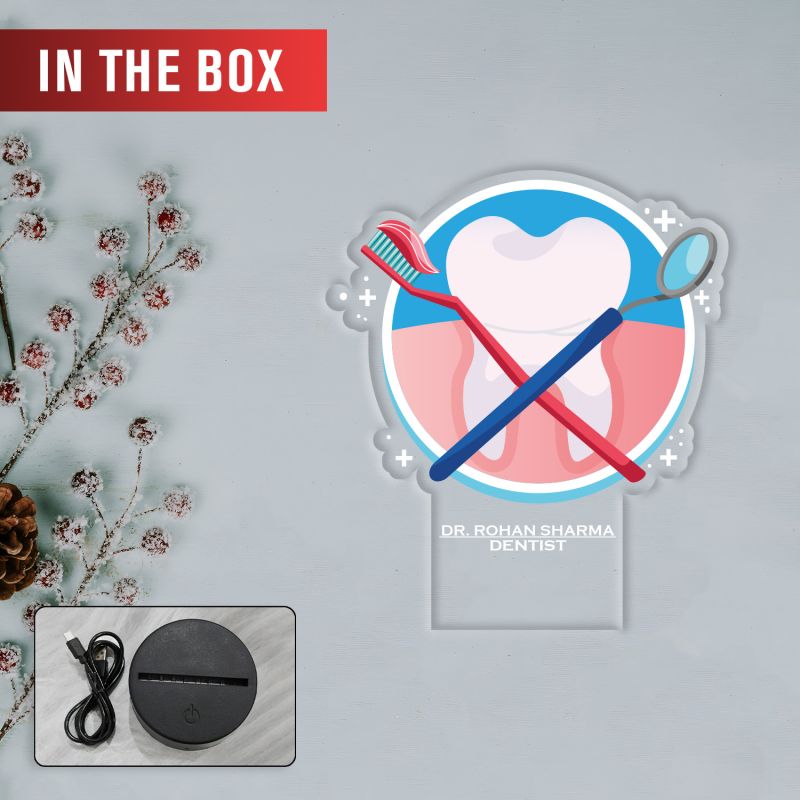 Personalized Dentist LED Night Lamp with Tooth and Dental Tools Design, Warm White Acrylic Light with Black Base Gift for Dentist Nightlight for Dental Clinic